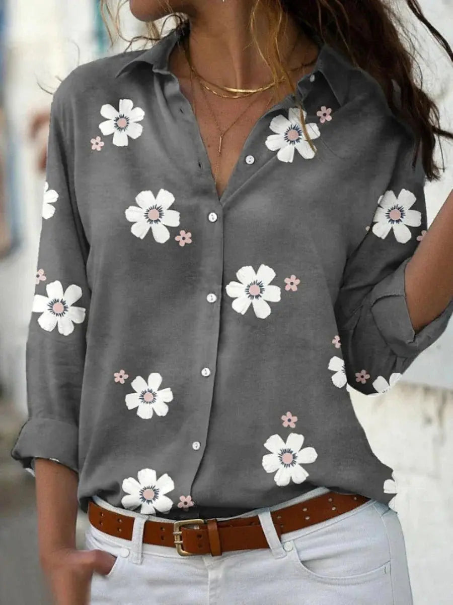 Women's Long Sleeve Blouse Floral Button Down Collar - Gray