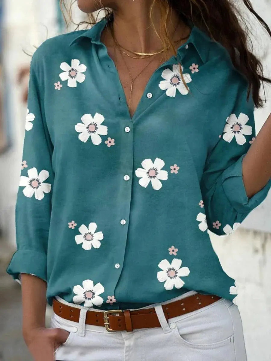 Women's Long Sleeve Blouse Floral Button Down Collar - Green