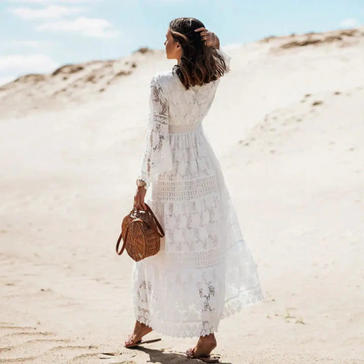 Women's Long Sleeve Boho Lace Maxi Dress V-Neck Flowy