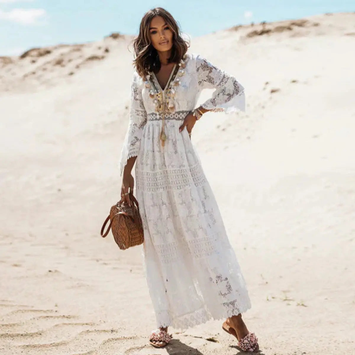Women's Long Sleeve Boho Lace Maxi Dress V-Neck Flowy