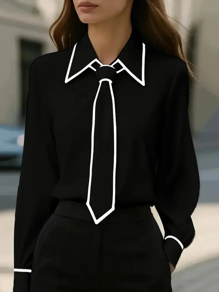 Women's Long Sleeve Contrast Trim Tie Neck Button-Down Blouse - Black