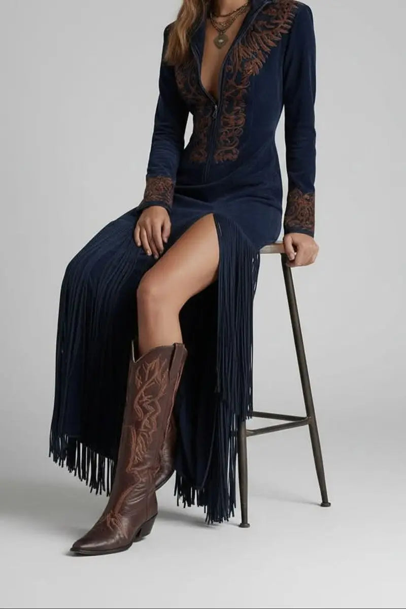 Women's Long Sleeve Fringe Maxi Evening Gown Western Embroidered