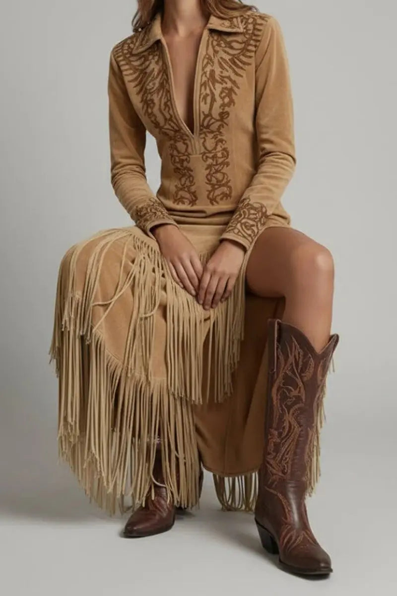 Women's Long Sleeve Fringe Maxi Evening Gown Western Embroidered - Light Brown