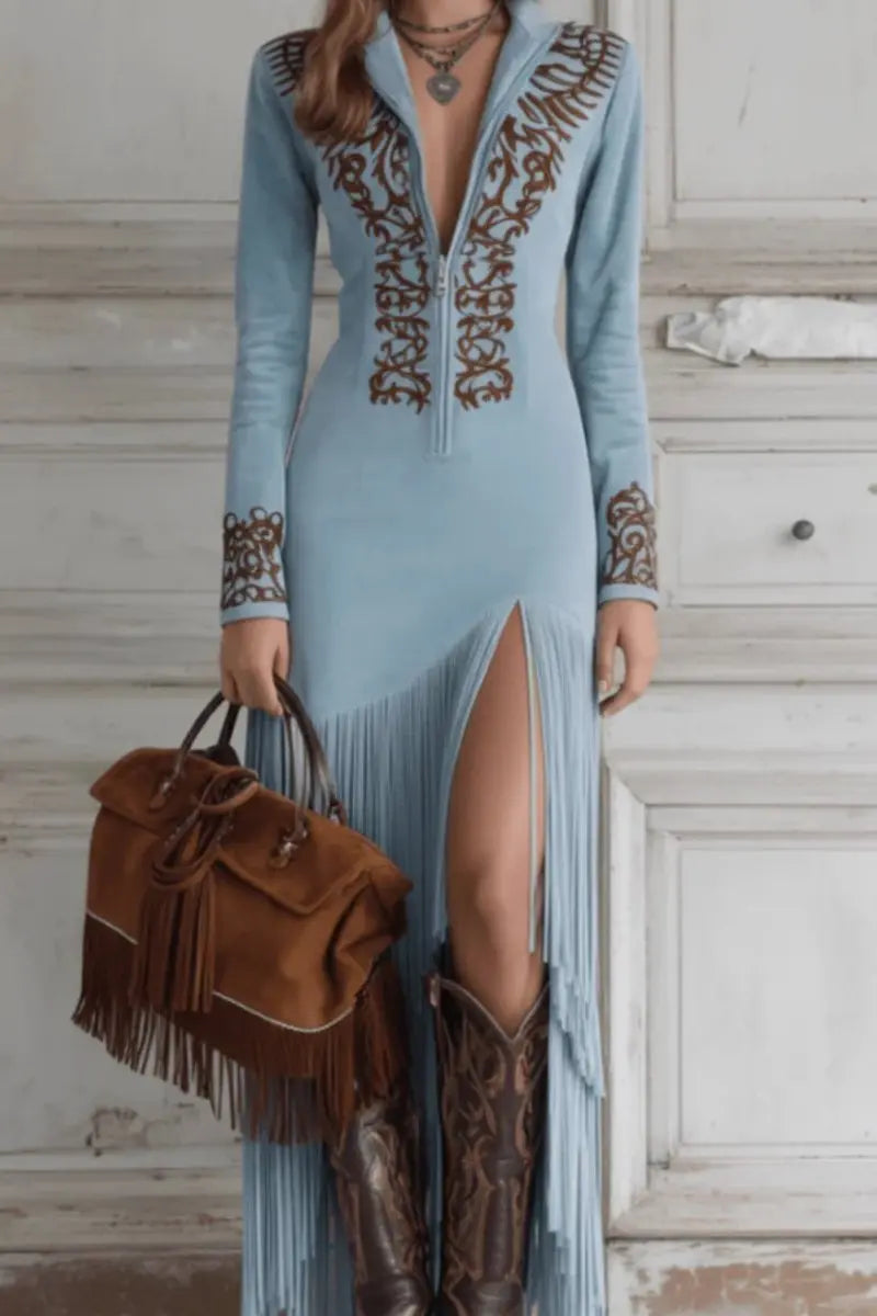 Women's Long Sleeve Fringe Maxi Evening Gown Western Embroidered