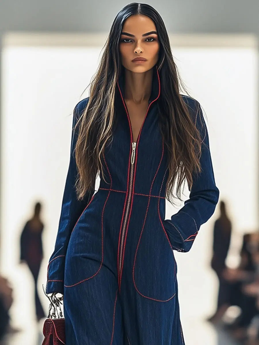 Women's Long Sleeve Front-Zip Wide Leg Pants Jumpsuit