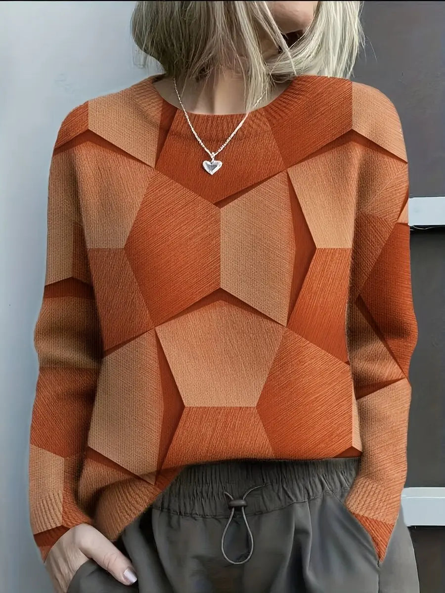 Women's Long Sleeve Geometric Print Knit Sweater Jumper - Orange