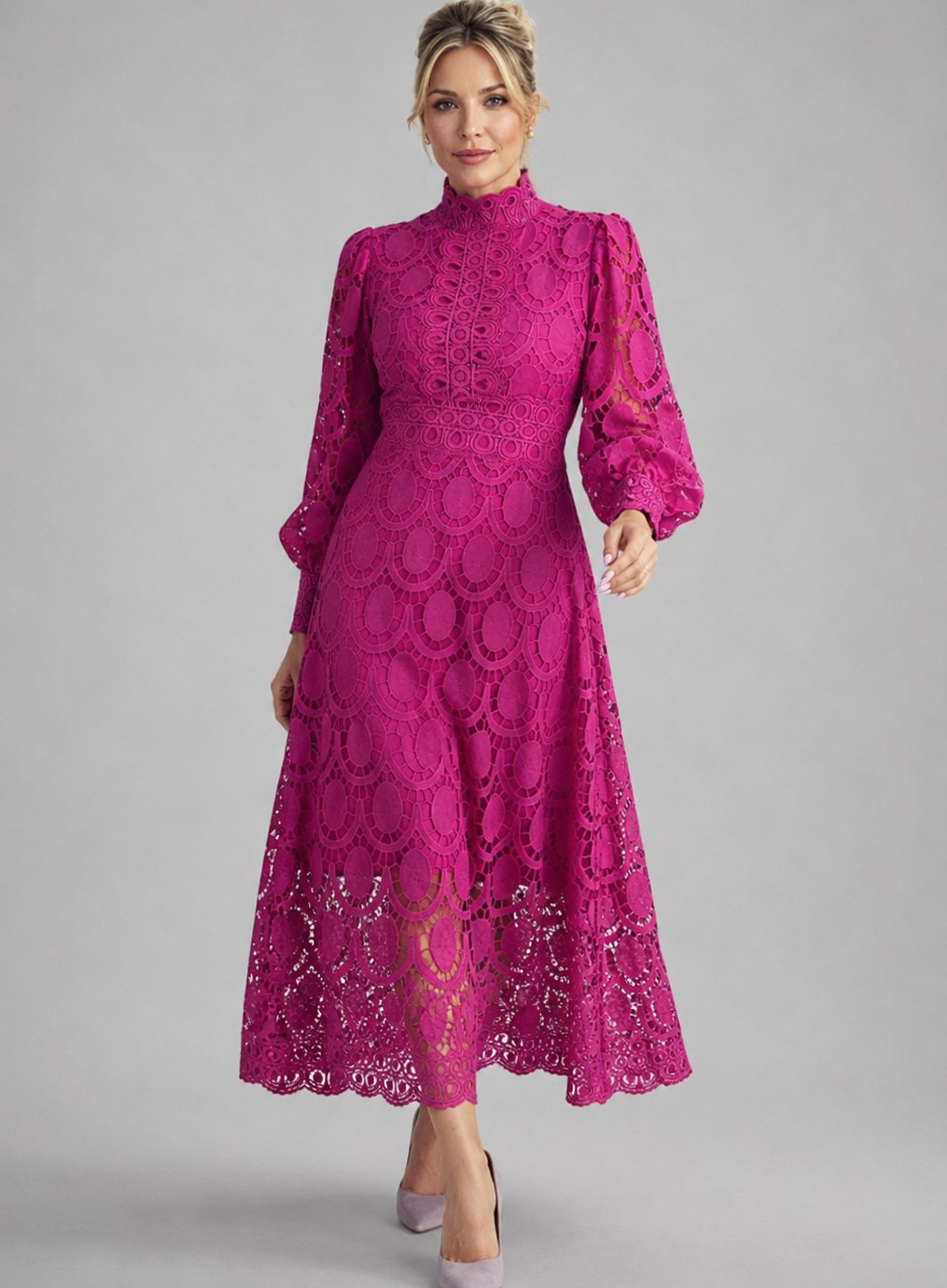 Women's Long-Sleeve High-Neck Lace Midi Dress - Pink
