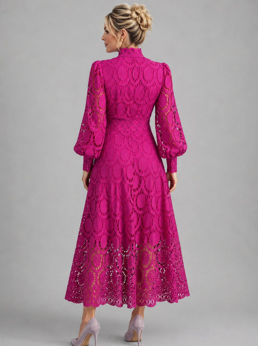 Women's Long-Sleeve High-Neck Lace Midi Dress