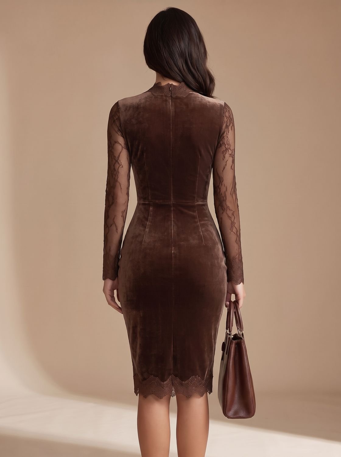 Women's Long Sleeve Lace Velvet Bodycon Midi Dress