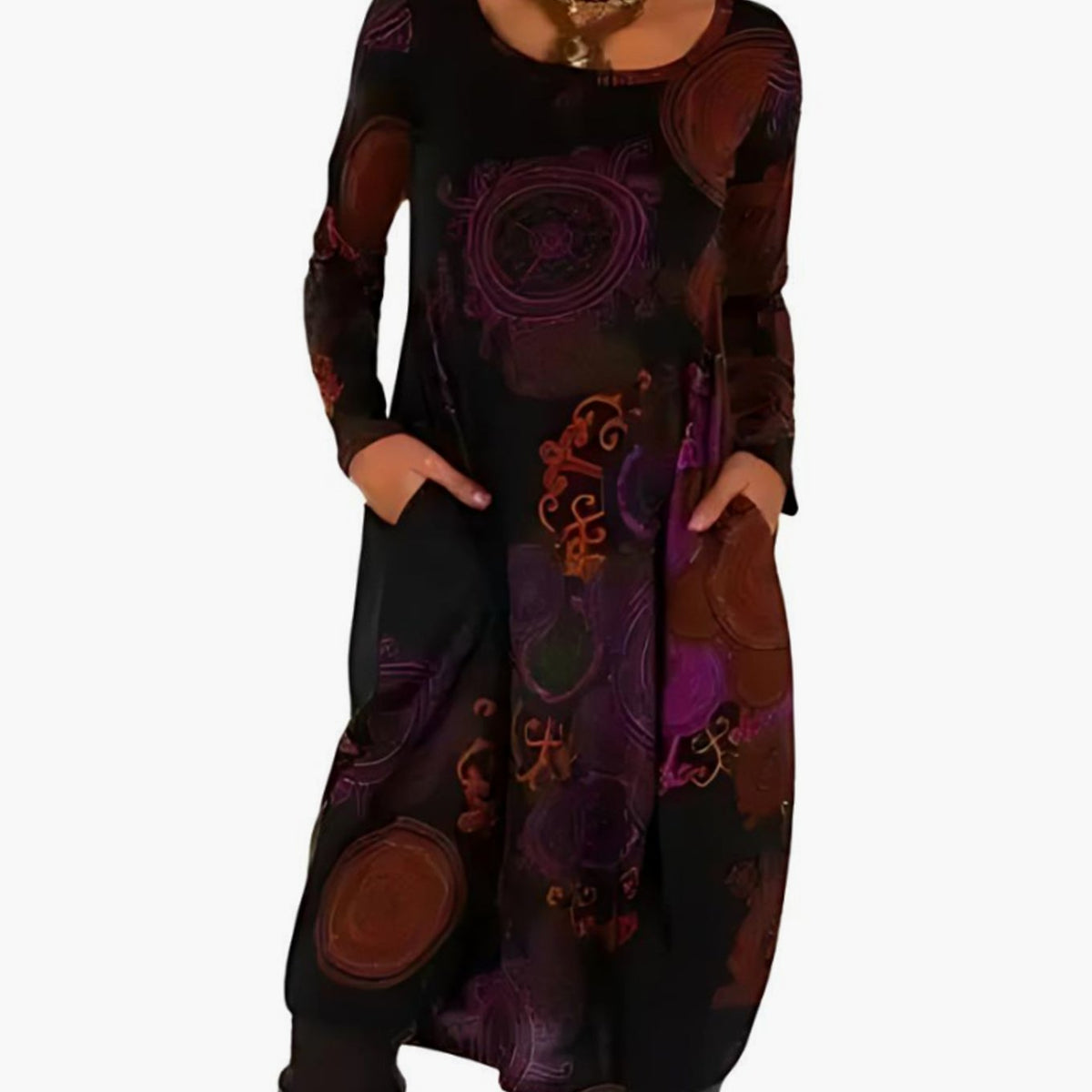 Women's Long-Sleeve Midi Dress Relaxed Fit Allover Print Pockets - Red