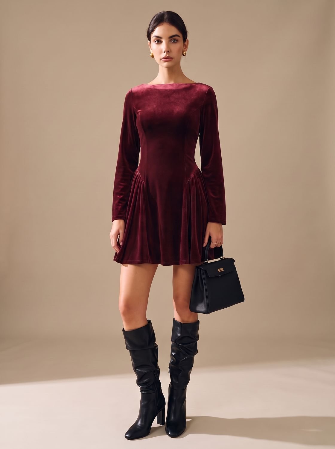 Women's Long-Sleeve Pleated A-Line Velvet Mini Dress