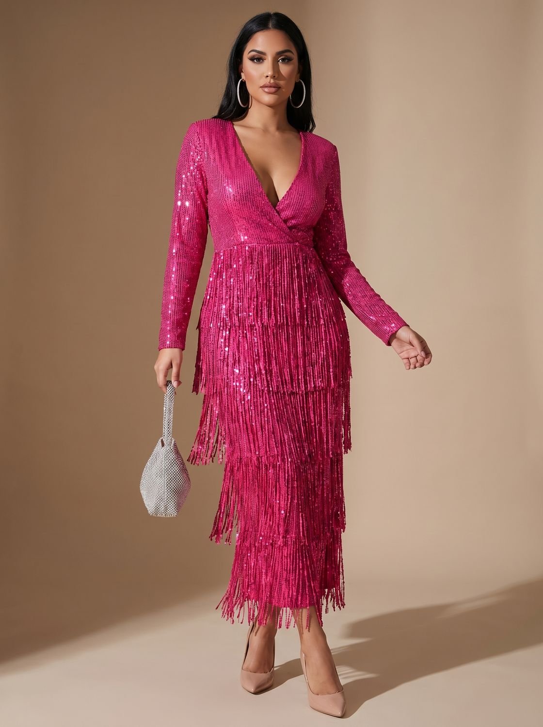 Women's Long Sleeve V-Neck Sequin Mini Dress - Pink