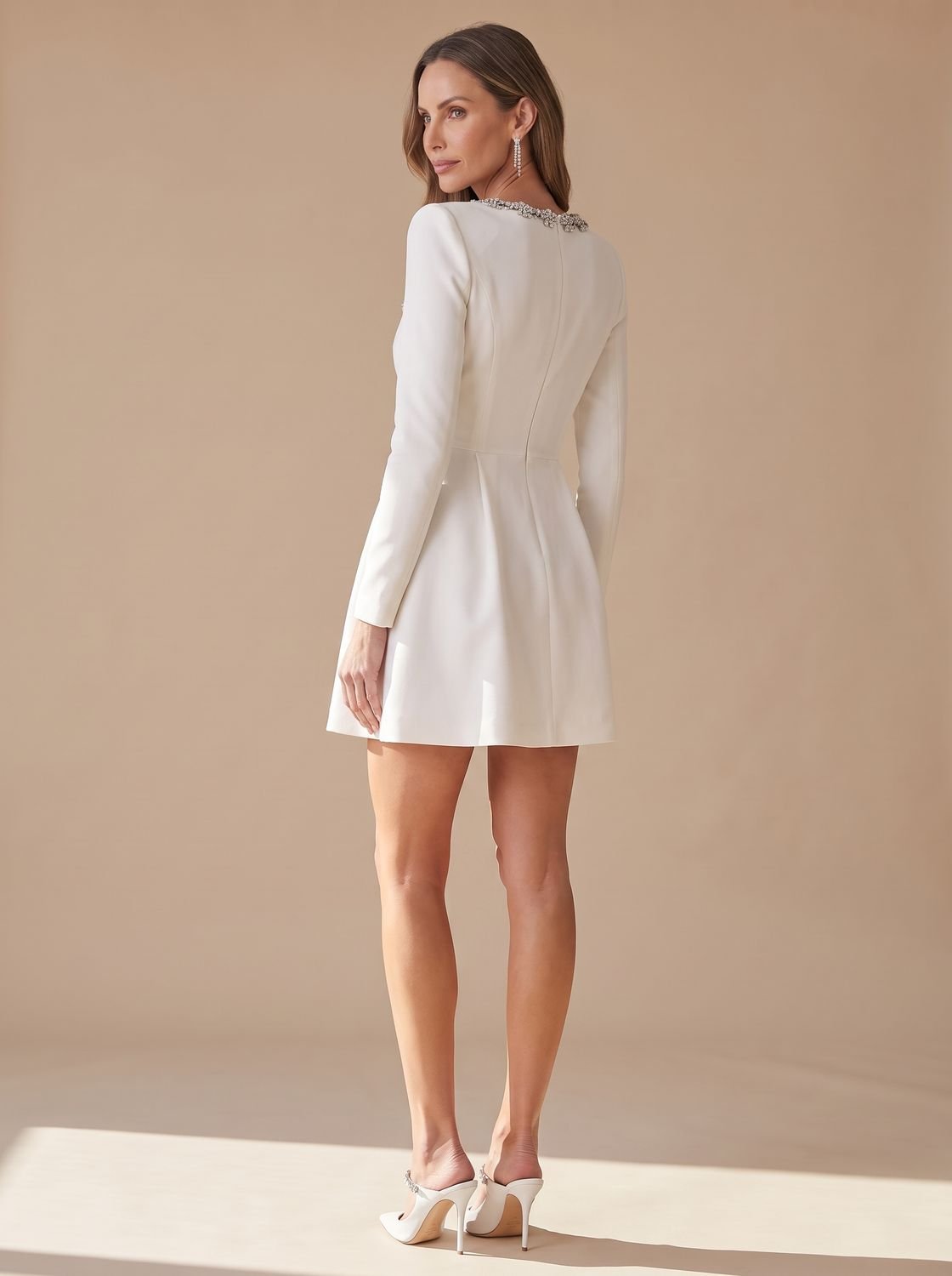 Women's Long-Sleeve Velvet Mini Dress Jewel-Trim Square Neck