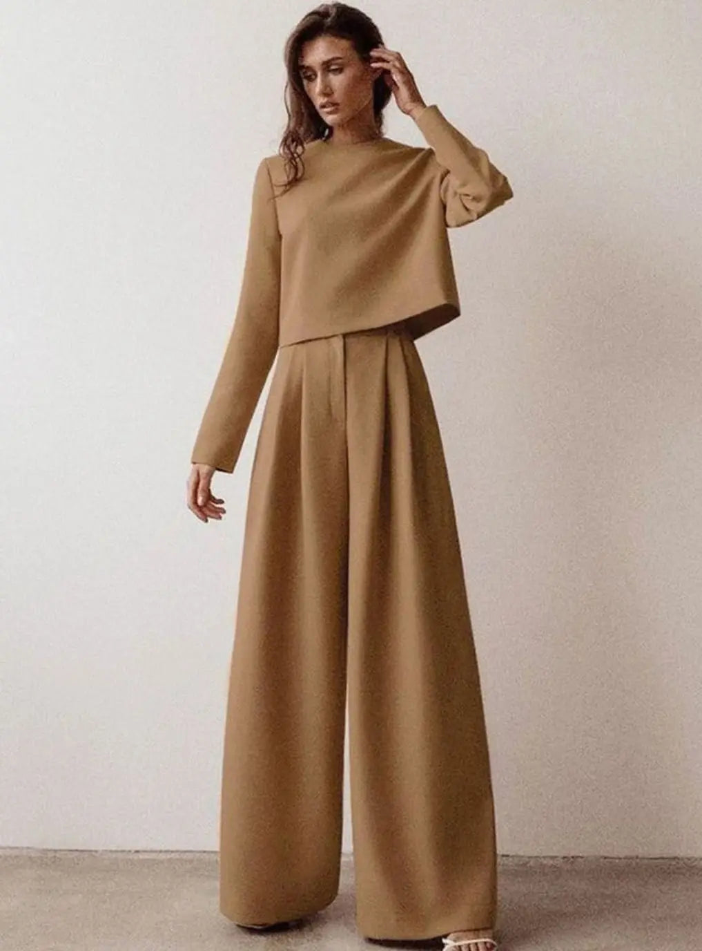 Women's Long-Sleeve Wide-Leg Palazzo Two-Piece Set - Khaki (last items)