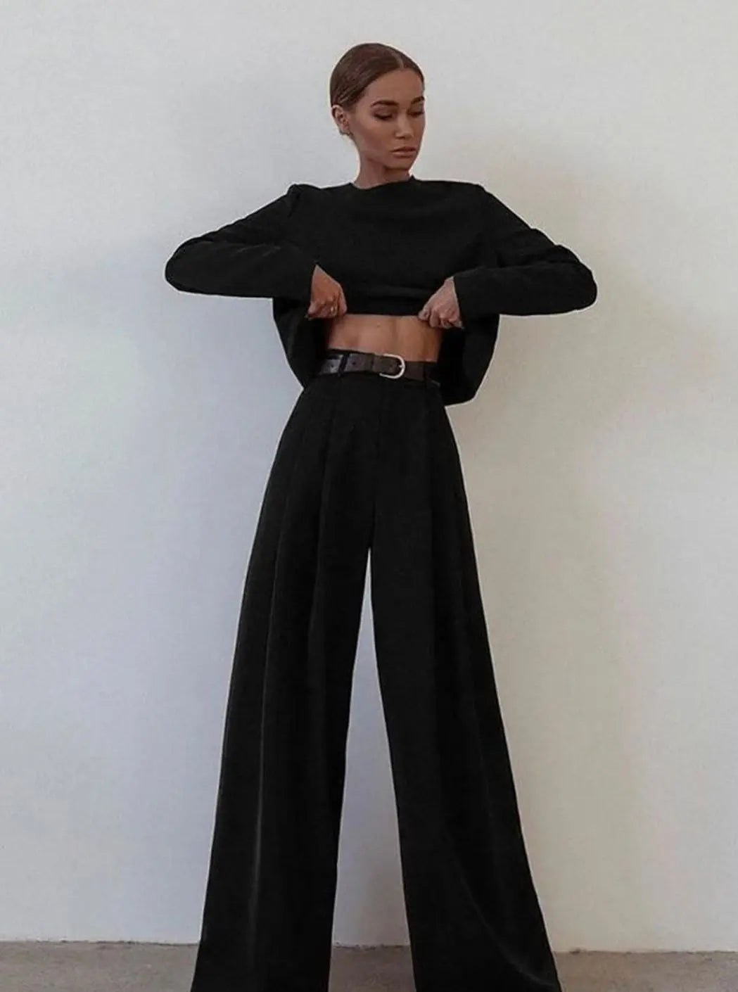 Women's Long-Sleeve Wide-Leg Palazzo Two-Piece Set - Black
