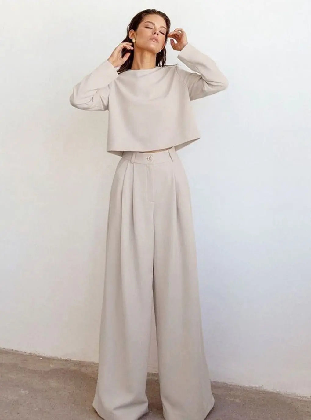 Women's Long-Sleeve Wide-Leg Palazzo Two-Piece Set - Beige