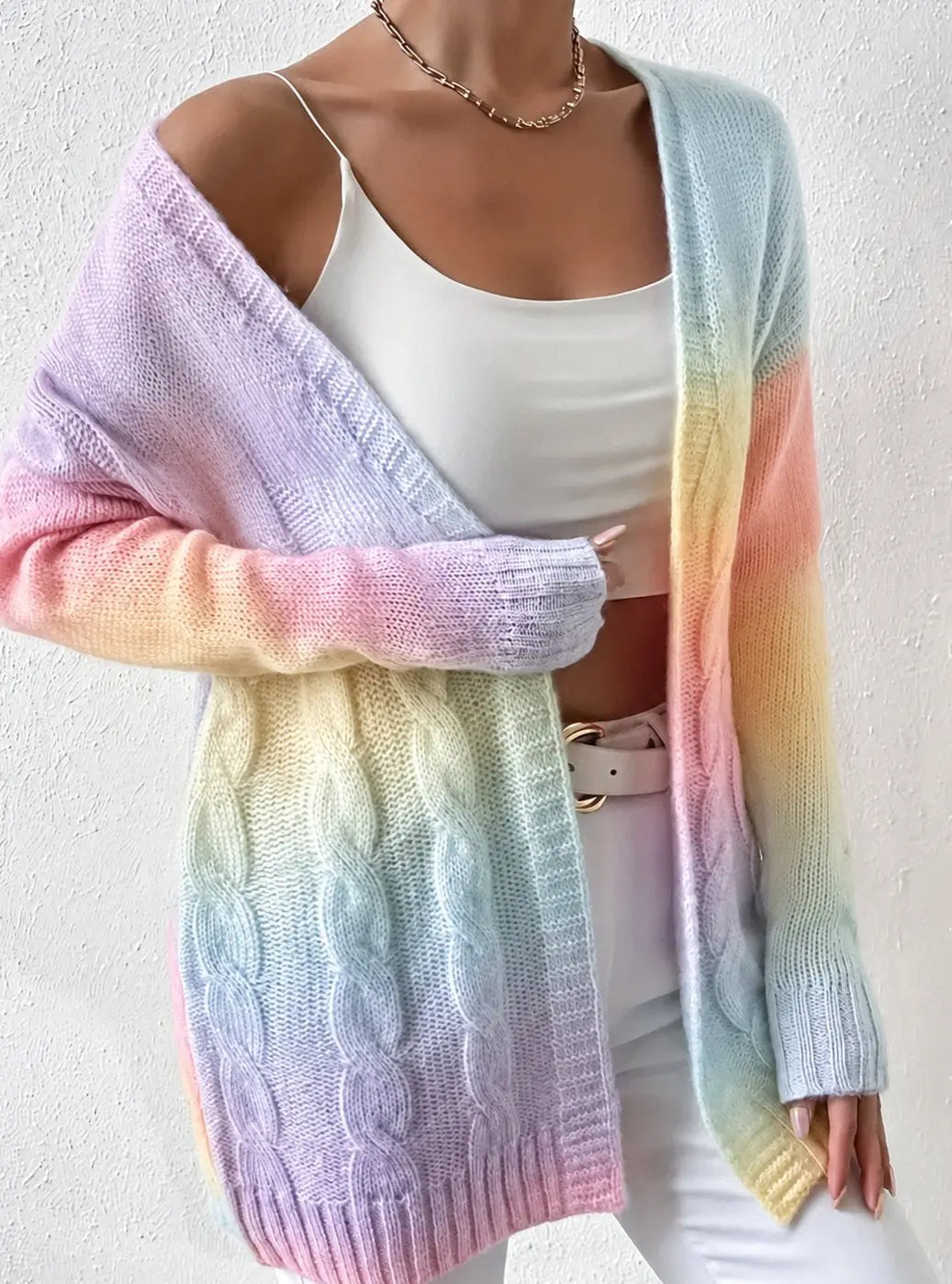 Women's Longline Cable Knit Cardigan Open Front Oversized Sweater - Light Purple