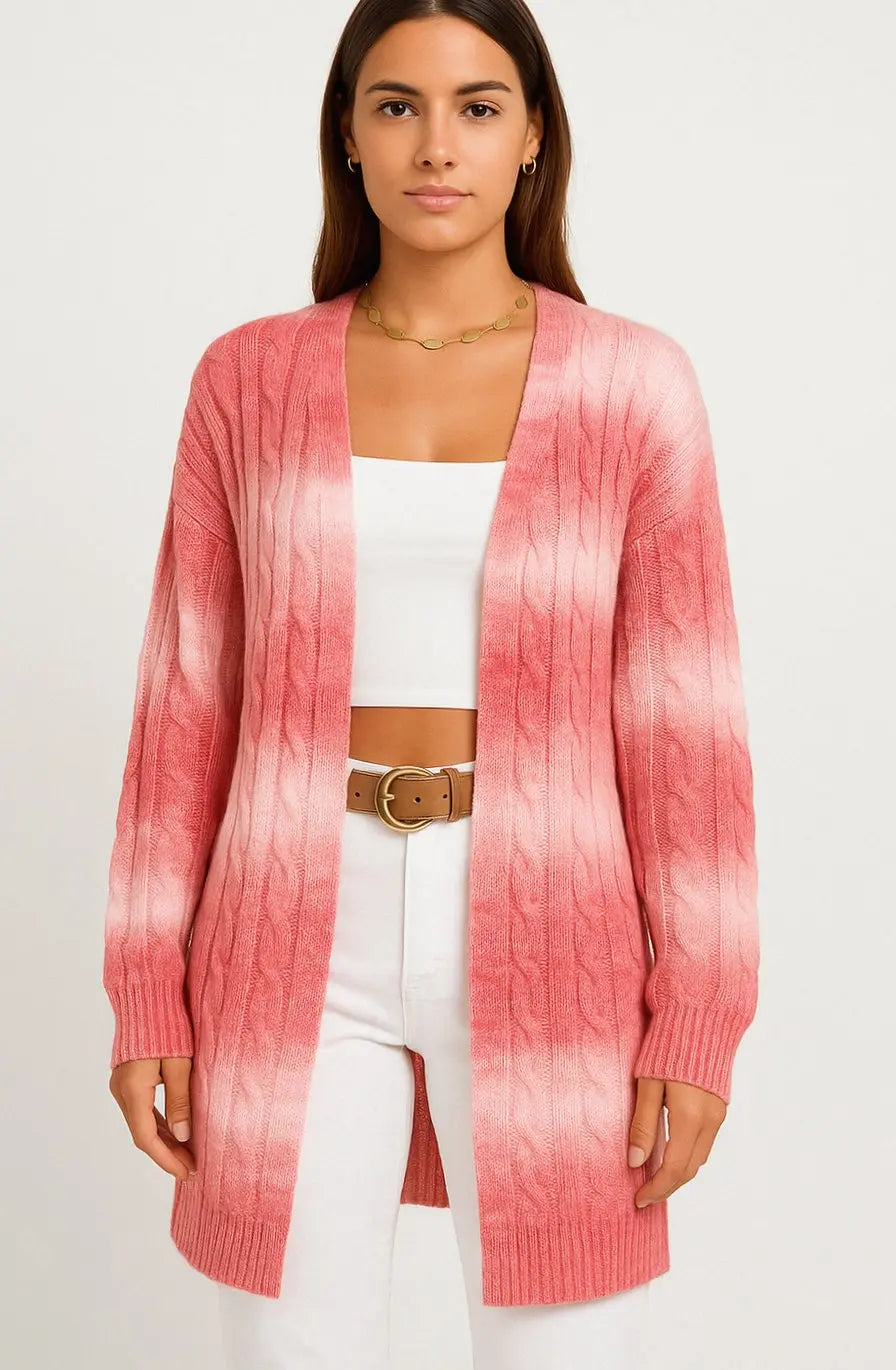 Women's Longline Cable Knit Cardigan Open Front Oversized Sweater - Pink