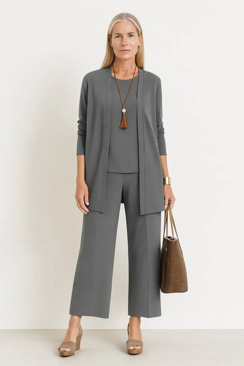 Women's Longline Open-Front Cardigan Wide-Leg Trouser 3-Piece Set - Grey