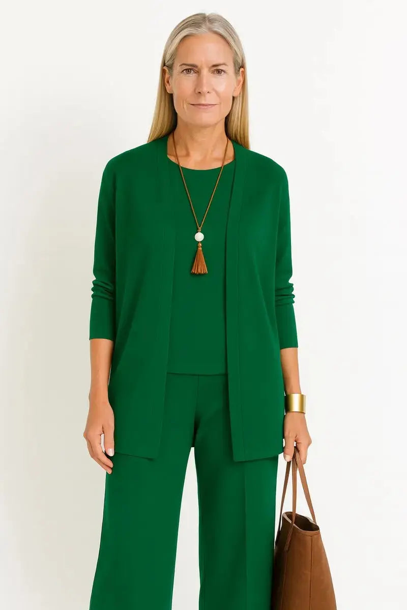 Women's Longline Open-Front Cardigan Wide-Leg Trouser 3-Piece Set - Green
