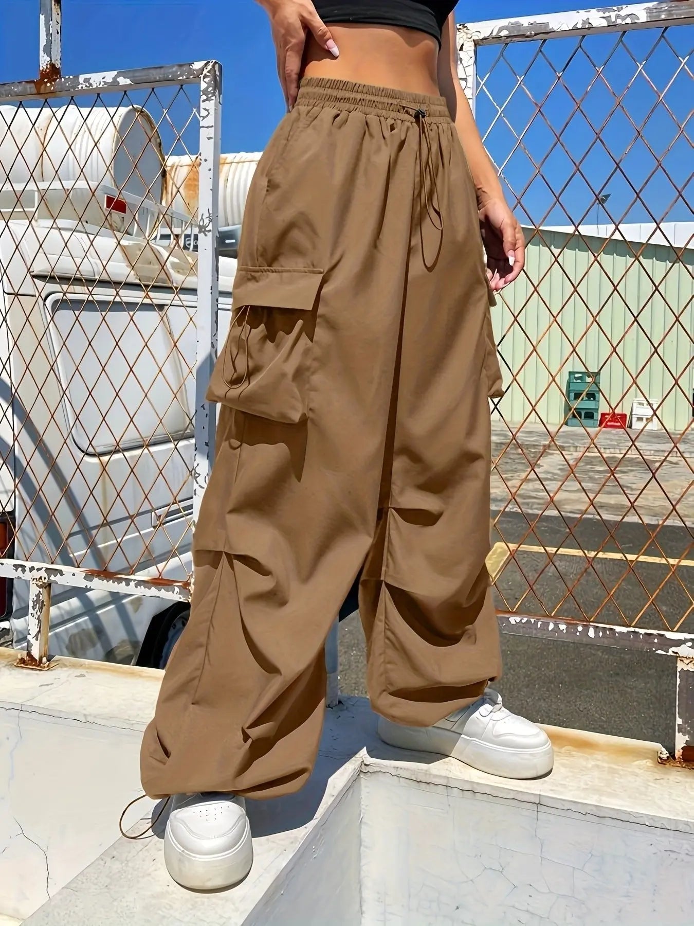 Women's Loose Fit Cargo Parachute Trousers Wide Leg