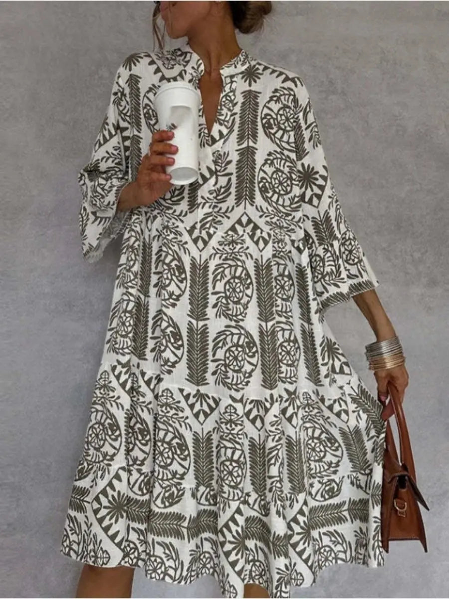 Women's Loose Fit Floral Print Tunic Dress - Khaki