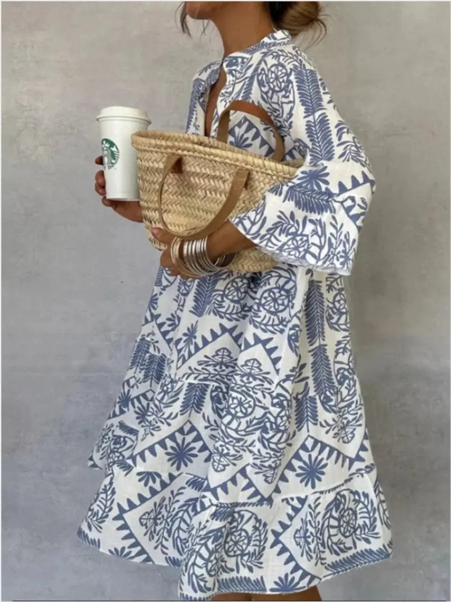 Women's Loose Fit Floral Print Tunic Dress - Light Blue