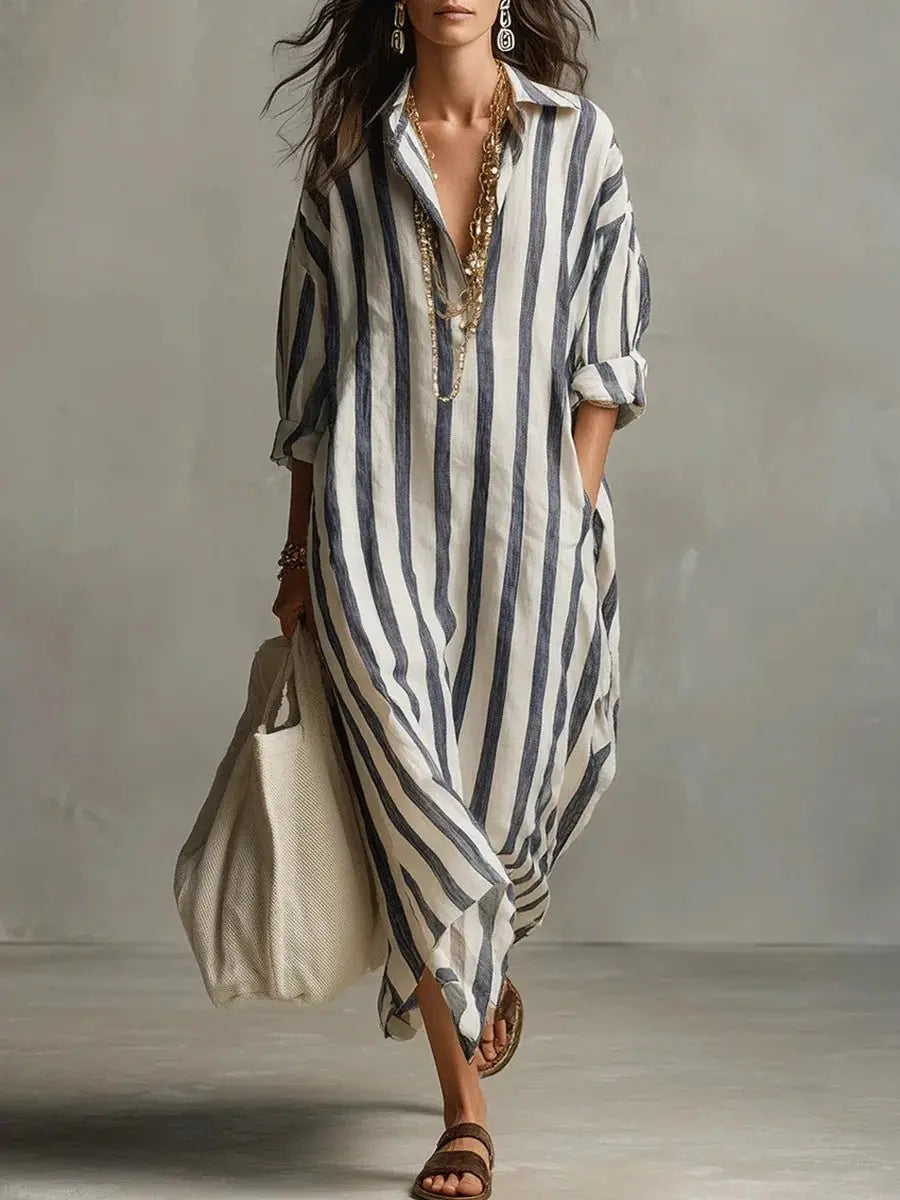 Women's Loose-Fit Striped Linen Shirt Womens Midi Dress - Blue