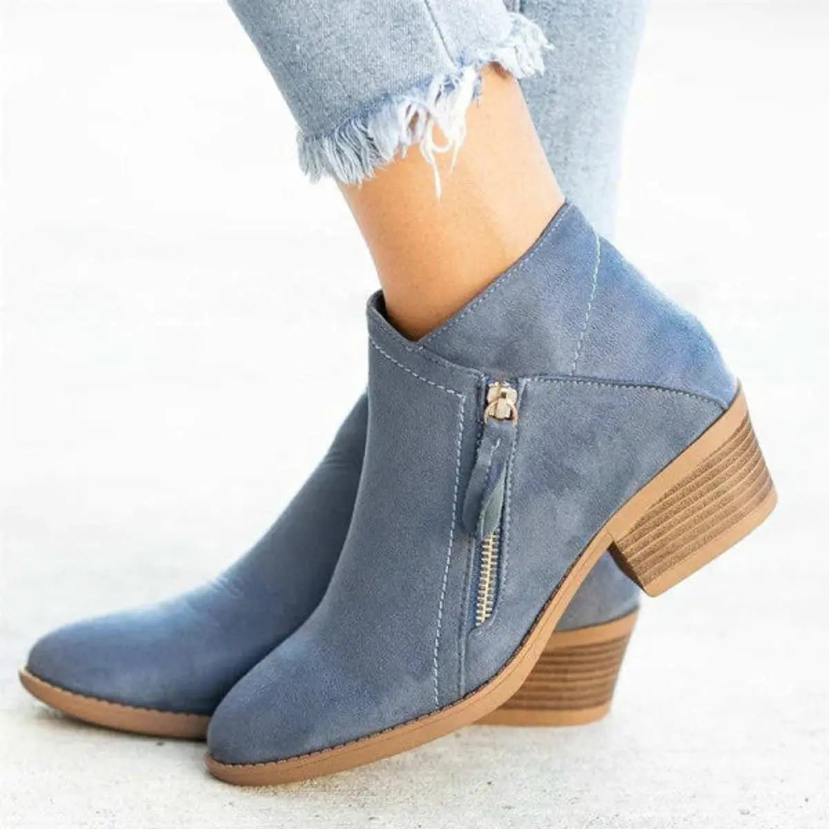 Women's Low-Heel Suede Zip-Up Ankle Boots - Blue
