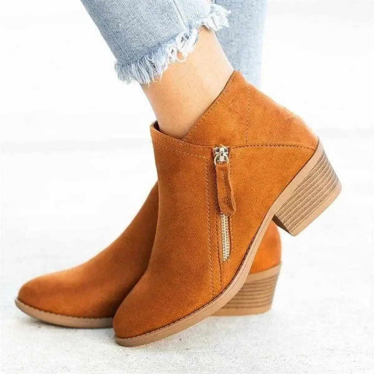 Women's Low-Heel Suede Zip-Up Ankle Boots - Orange