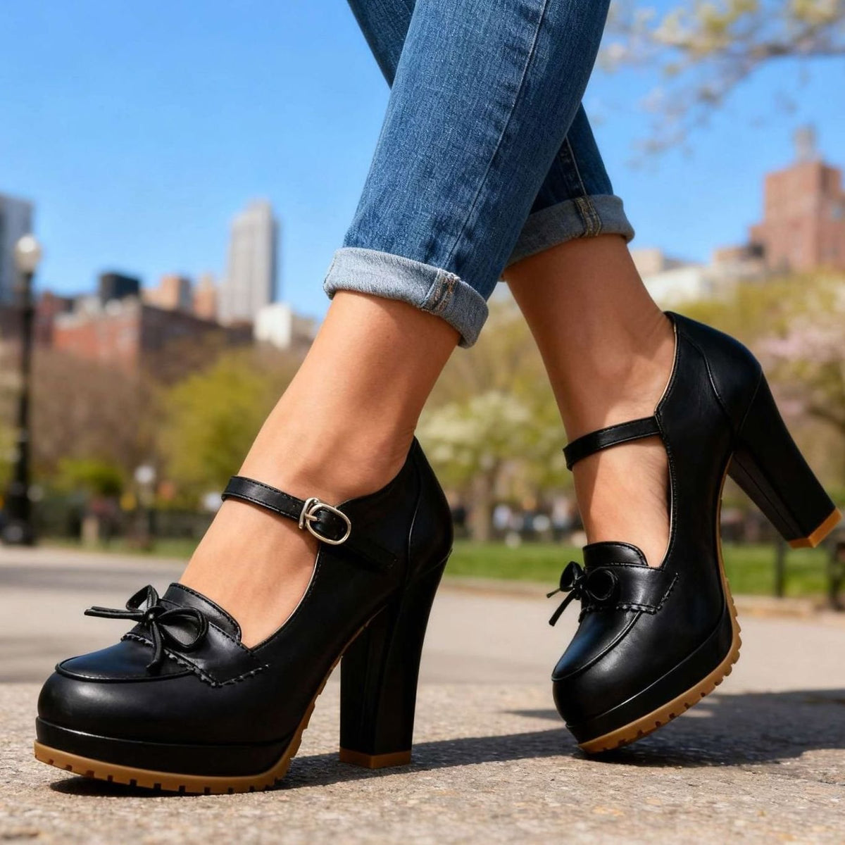 Women's Mary Jane Block Heel Platform Pumps Bow Buckle Strap