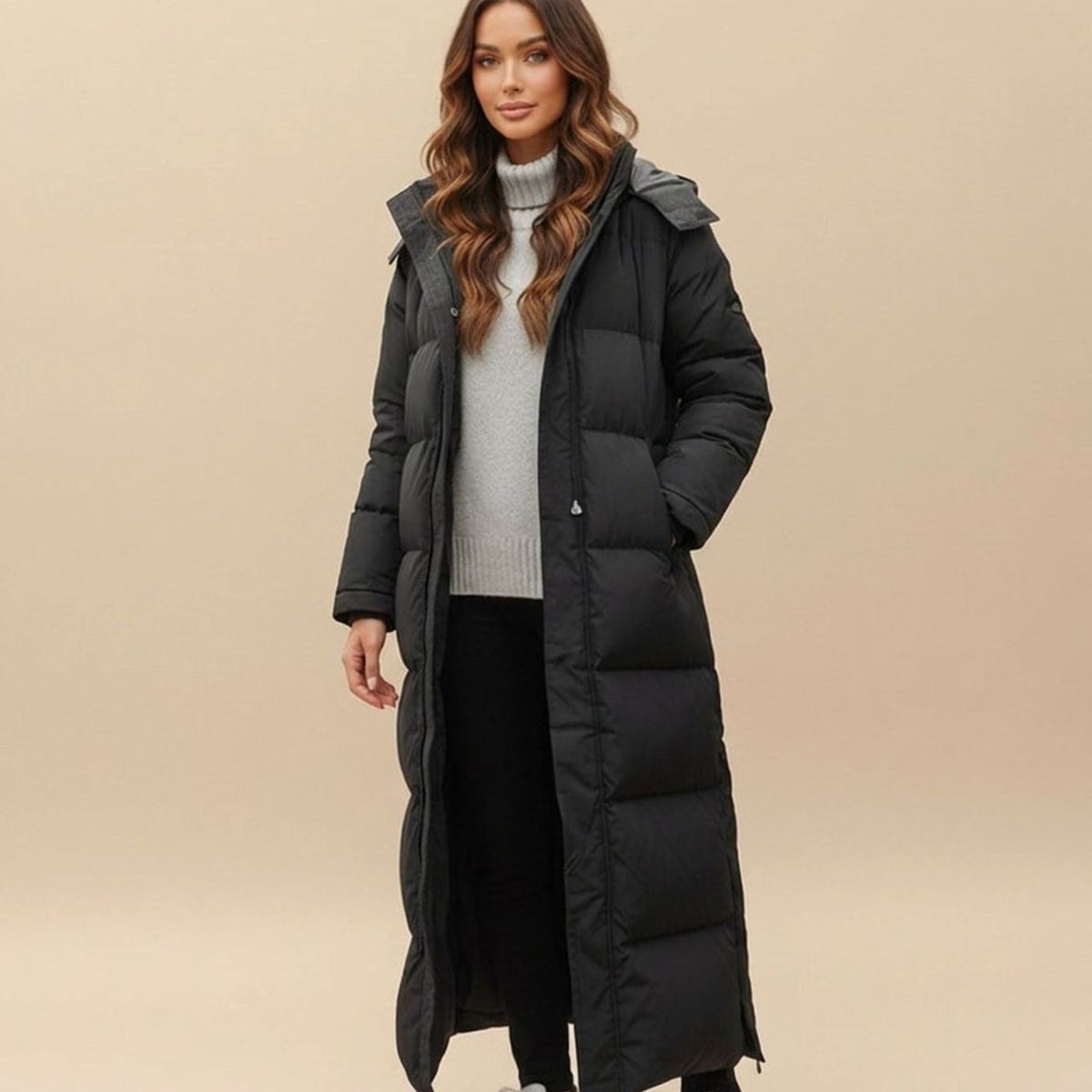 Women's Maxi Down Puffer Winter Coat Hooded Padded - Black