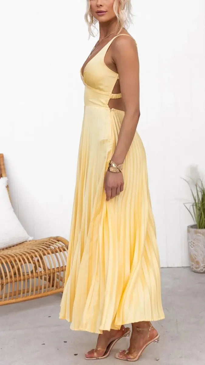 Women's Maxi Dress Pleated V-Neck Sleeveless Midi Swing Dress