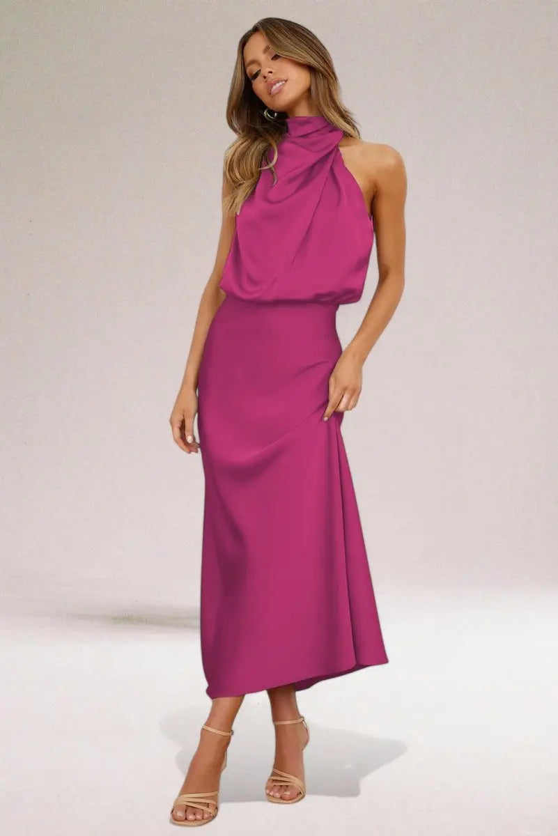Womens Maxi Dress Satin Halter Neck Sleeveless Occasion Gown - Magenta