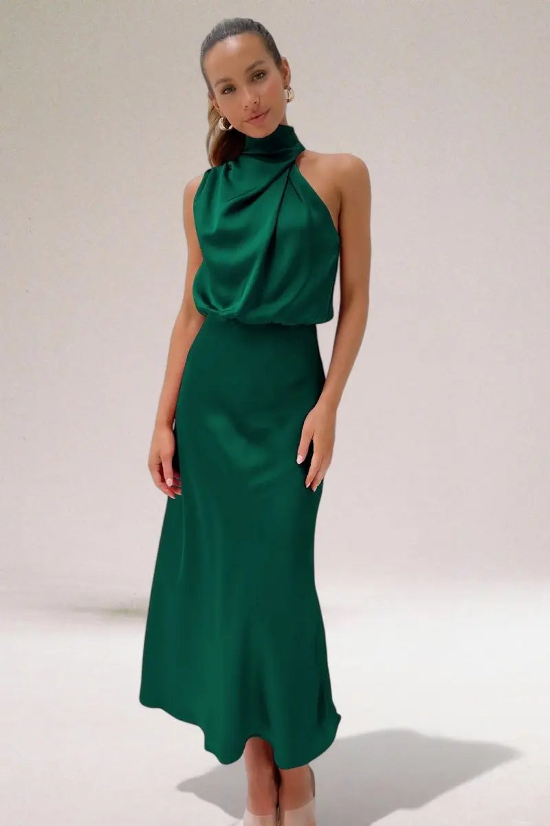 Womens Maxi Dress Satin Halter Neck Sleeveless Occasion Gown - Green