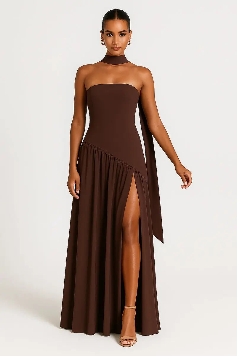 Womens Maxi Dress Strapless Asymmetric High-Slit Choker Gown - Brown