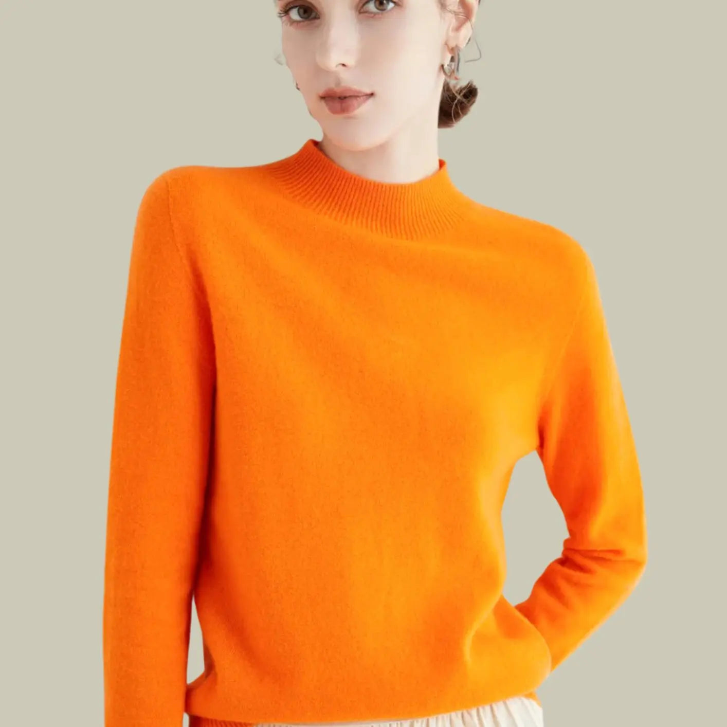 Women's Merino Wool Sweaters Mock-Neck Long-Sleeve Knit Jumper - Orange