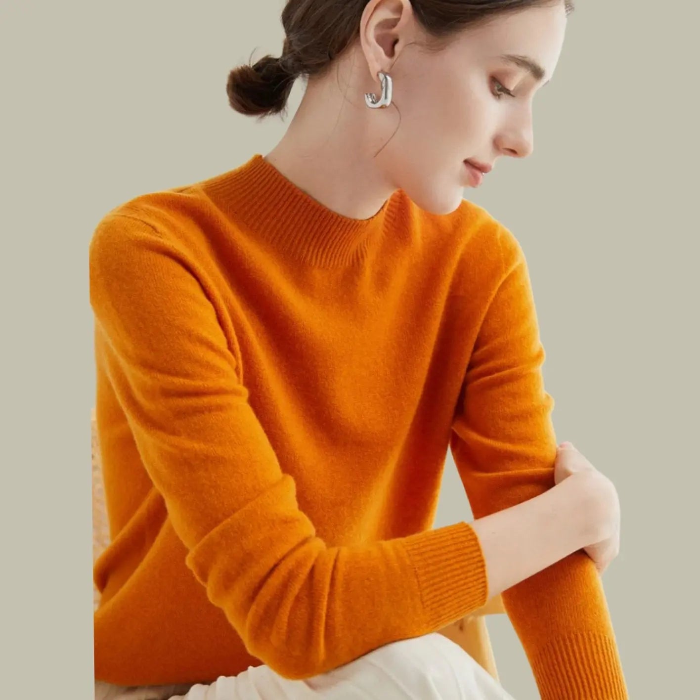 Women's Merino Wool Sweaters Mock-Neck Long-Sleeve Knit Jumper - Pumpkin