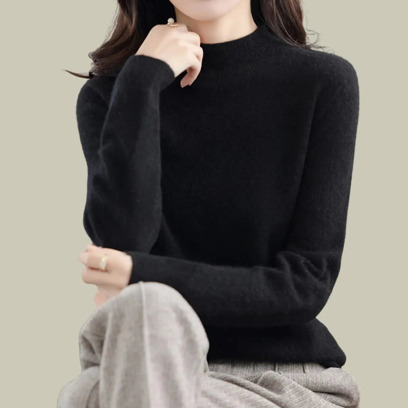 Women's Merino Wool Sweaters Mock-Neck Long-Sleeve Knit Jumper - Black