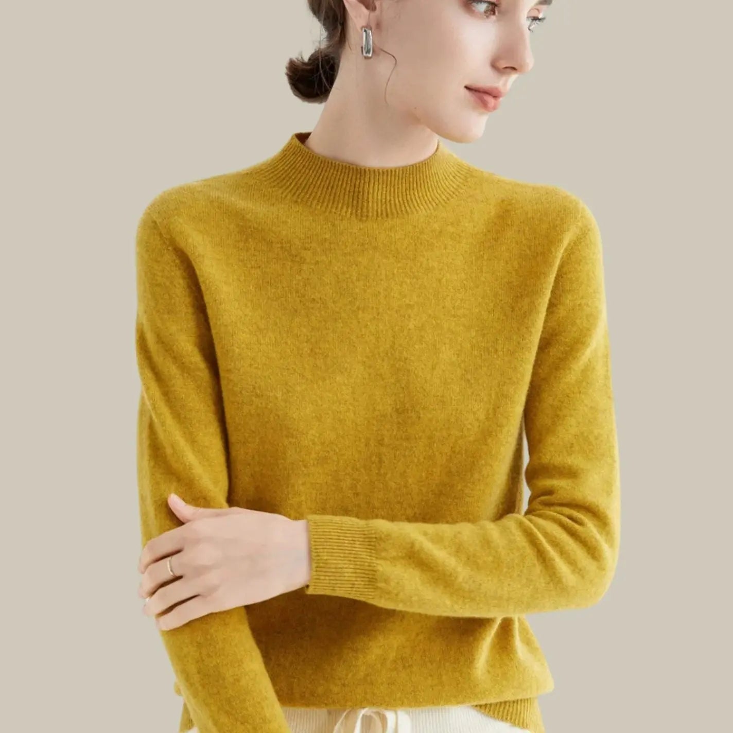 Women's Merino Wool Sweaters Mock-Neck Long-Sleeve Knit Jumper - Mustard Yellow