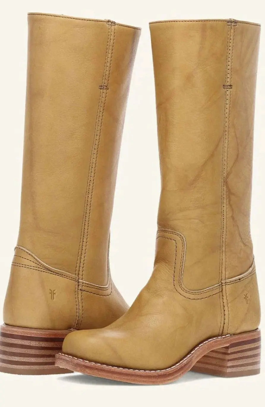 Women's Mid-Calf Leather-Look Stacked Heel Western Boots - Yellow
