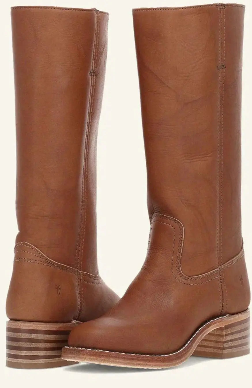 Women's Mid-Calf Leather-Look Stacked Heel Western Boots - Light Brown