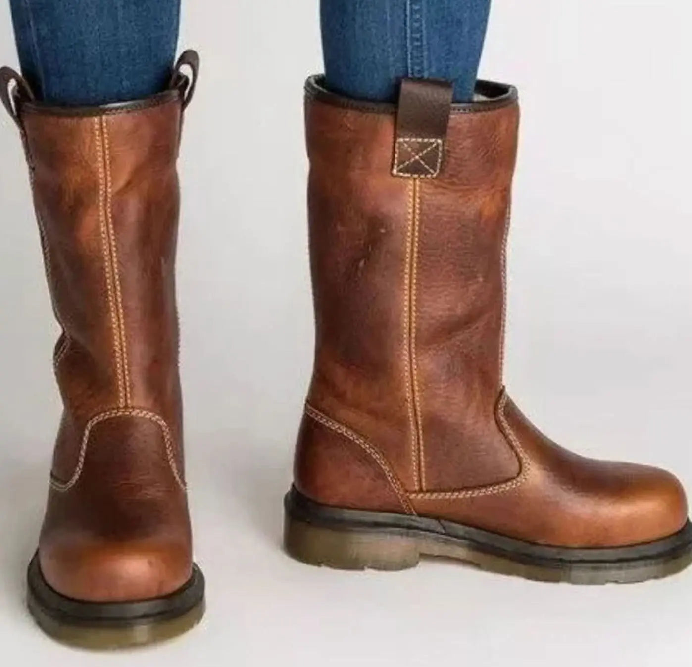 Women's Mid-Calf Lined Pull-On Leather Boots - Brown