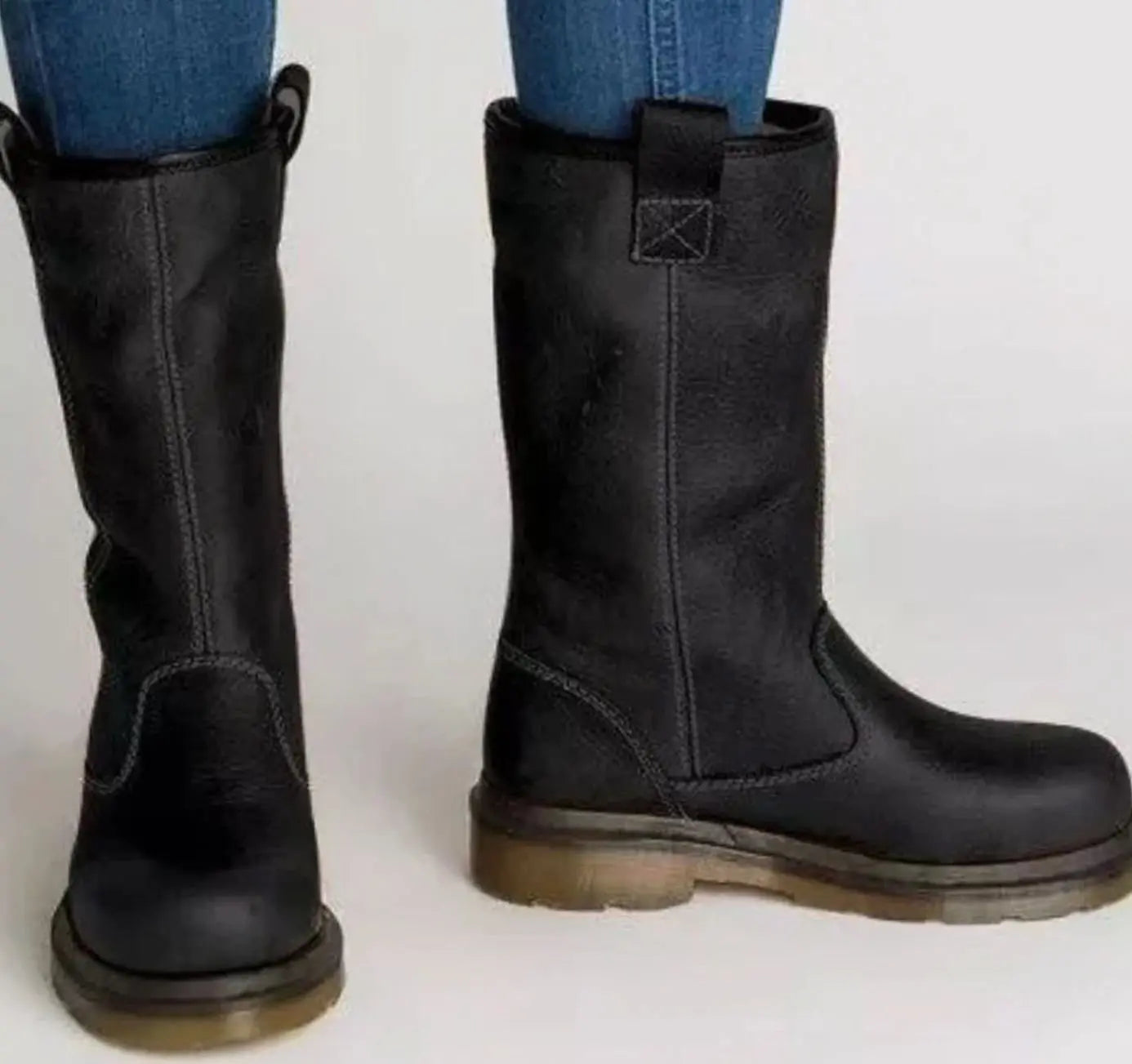 Women's Mid-Calf Lined Pull-On Leather Boots - Black