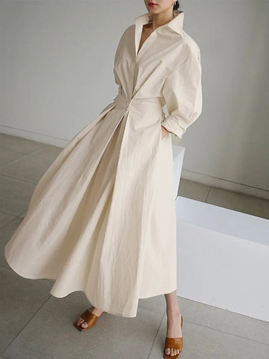 Women's Midi Dress Elegant Long-Sleeve Shirt Dress Twisted Waist