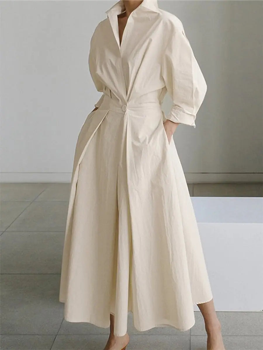 Women's Midi Dress Elegant Long-Sleeve Shirt Dress Twisted Waist - Beige