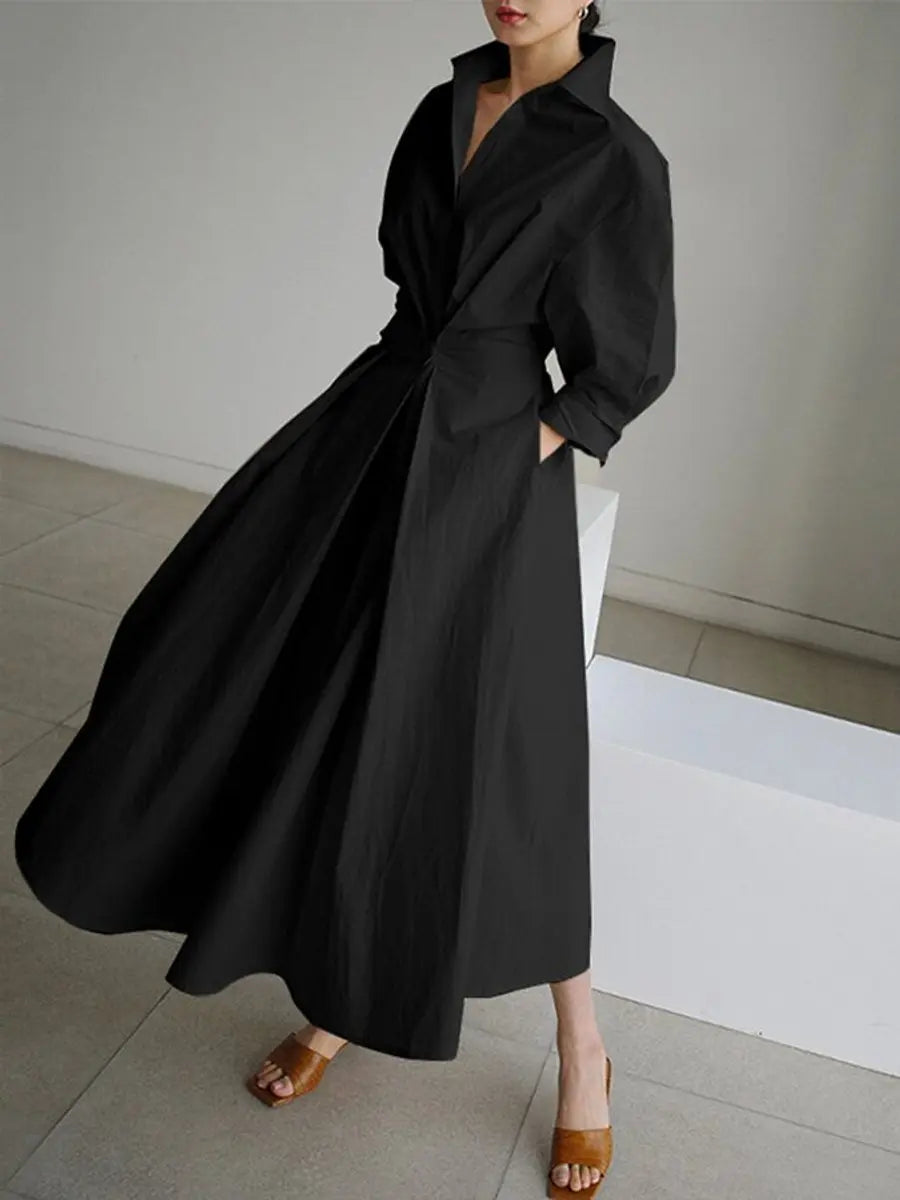 Women's Midi Dress Elegant Long-Sleeve Shirt Dress Twisted Waist