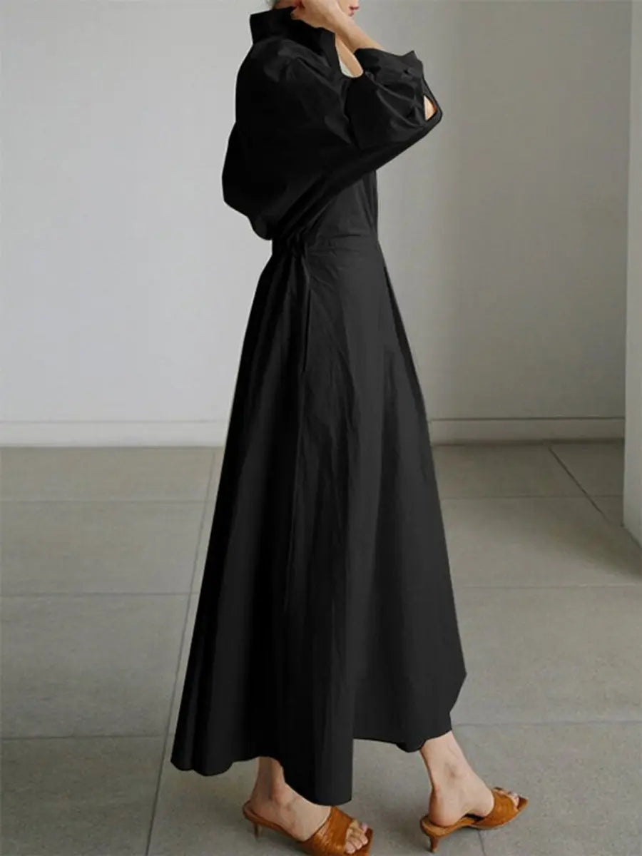Women's Midi Dress Elegant Long-Sleeve Shirt Dress Twisted Waist