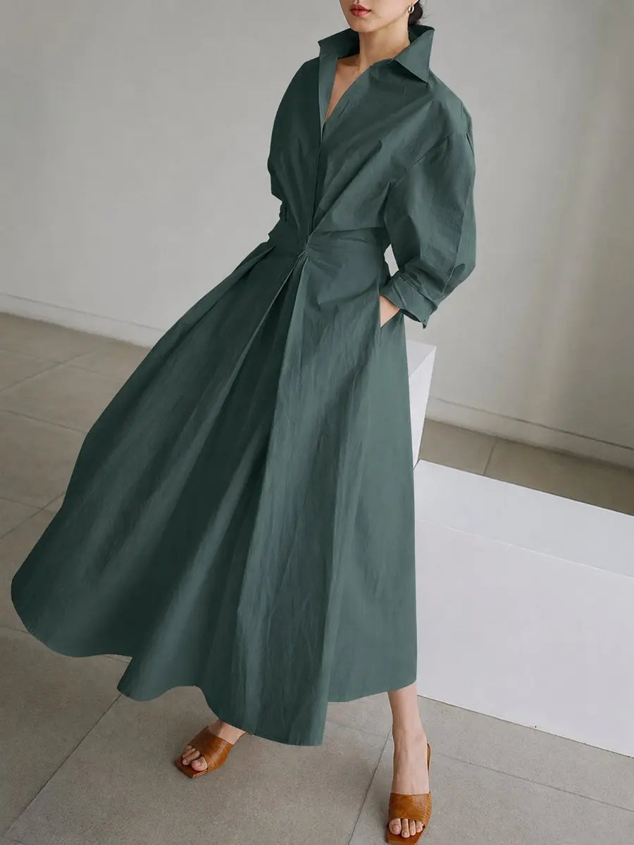 Women's Midi Dress Elegant Long-Sleeve Shirt Dress Twisted Waist
