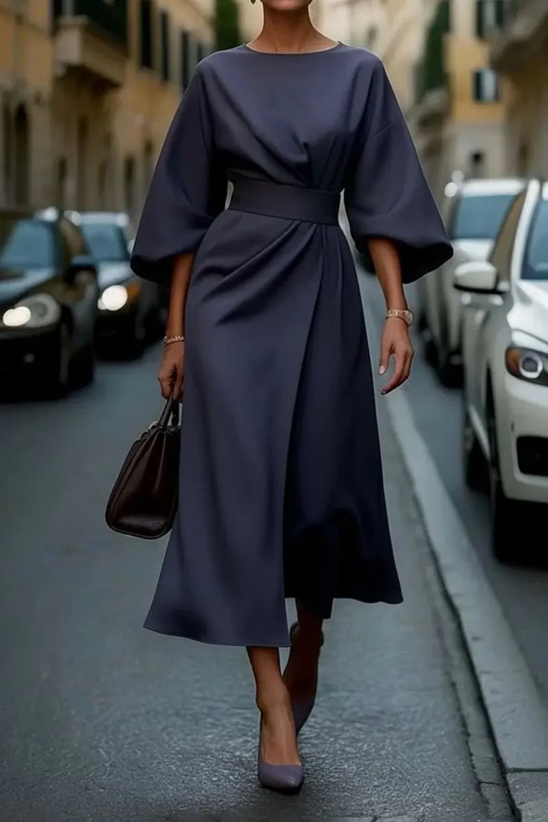 Women's Midi Lantern-Sleeve Belted Cocktail Dress - Navy Blue